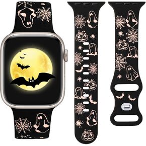 W-RARA Halloween Engraved Band Compatible with Apple Watch Band 38/40/41/42/44/45/46/49mm for Women Men, Two-Tone Cute Silicone Pumpkin Ghost Strap for iWatch Series Ultra SE 10 9 8 7 6 5 4 3 2 1
