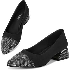 Women's Block Heel Pumps Round Toe Chunky Heels with Rhinestones Comfortable Work Shoes