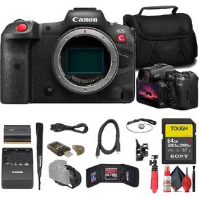 Canon EOS R5 C Mirrorless Cinema Camera (5077C002) + Sony 64GB Tough SD Card + Bag + Card Reader + Flex Tripod + Hand Strap + Memory Wallet + Cap Keeper + Cleaning Kit (Renewed)
