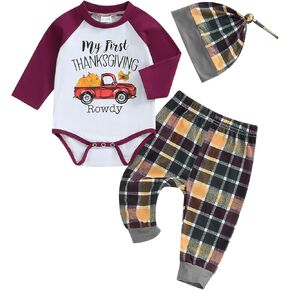 Newborn Thanksgiving Baby Boy Outfit Letter Turkey Print Long Sleeve Romper with Pants Set 0-18 Months
