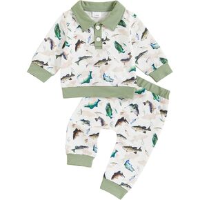 Toddler Boy Fall Clothes Fish/Golf/Dinosaur Print Long Sleeve Lapel Button Pullover Elastic Pants 2Pcs Outfits