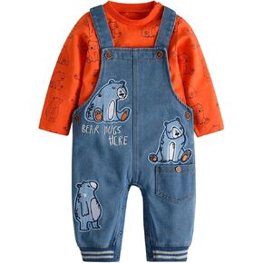 Cute Baby Boy Clothes Suit Toddler Boys' Striped long Sleeve T-Shirt+Denim Overalls Jumpsuit Pants Outfits Sets (0-3 months,Orange Bear)