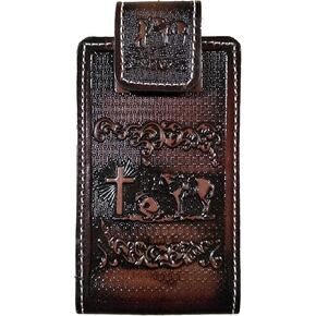 Western autentic Tooled Leather Mexican Cell Phone case for Belt. Men and Horse Pray Design. with Magnetic Closure. Universal Size (Capuccino) (Capuccino)
