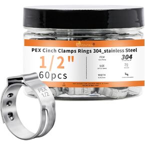 WYSIWYKA 60pcs 1/2 inch PEX Cinch Clamps Rings, 304 Stainless Steel Single Ear Hose Clamps, Pex Crimp Rings for PEX Tubing Pipe Fitting Connections