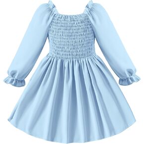 Toddler Girls Dresses Flounce Long Sleeve Toddler Dress Square Neck Baby Dresses for Girls Shirred Ruffle Hem Dress