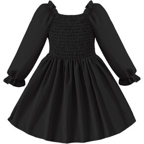 Toddler Girls Dresses Flounce Long Sleeve Toddler Dress Square Neck Baby Dresses for Girls Shirred Ruffle Hem Dress