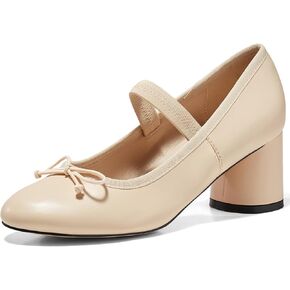 Coutgo Womens Mary Jane Shoes Bowknot Ballet Pumps Closed Toe Chunky Low Heels Dress Casual Wedding Shoes