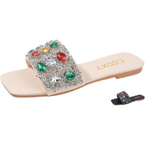 Women's Sparkle Gem Diamond Flat Slide Sandals,Rainbow Rhinestones Square Open Toe Slip-on Jeweled Sandals Beach Slippers