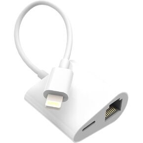 Lightning to Ethernet Adapter, 2-in-1 Lightning to RJ45 Ethernet, Supports Charging, Compatible with iPhone/iPod, 100Mbps High-Speed Network Support