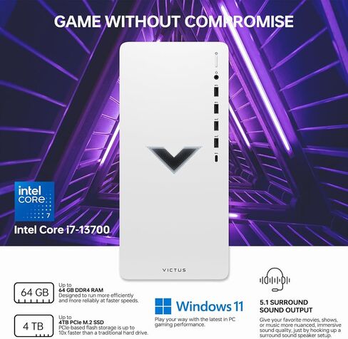 HP Victus Ultimate i7 Gaming Tower Desktop, Intel Core i7-13700, GeForce RTX 4060, 32GB RAM, 1TB SSD, Wi-Fi, RJ-45, HDMI, Wired KB & Mouse, Windows 11 Pro, White with 512 External SSD Bundle in Saudi Arabia