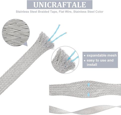 UNICRAFTALE 4m Stainless Steel Braided Tape Expandable Braided Cable Sleeve Knitting Scalable Network Ribbon Flat Wire Sleeve Cord Protector Wire for Protect Cable Wide:14mm in Saudi Arabia