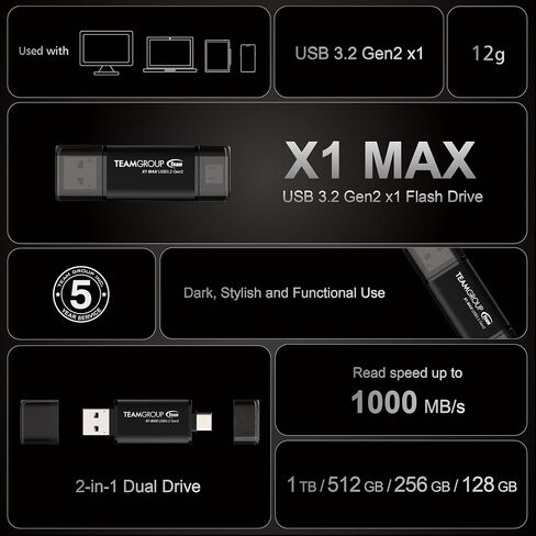 TEAMGROUP X1 MAX 512GB USB 3.2 1000MB/s Gen 2 Type A & Type C (3.1/3.0) OTG Dual Interface USB Flash Drive تخزين البيانات عصا الذاكرة المتوافقة مع الهاتف الذكي/الكمبيوتر اللوحي/الكمبيوتر المحمول/الكمبيوتر الشخصي/MacBook TX1MAX3512GB01 in Saudi Arabia