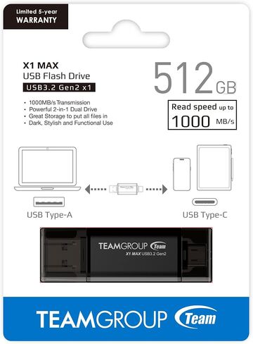 TEAMGROUP X1 MAX 512GB USB 3.2 1000MB/s Gen 2 Type A & Type C (3.1/3.0) OTG Dual Interface USB Flash Drive تخزين البيانات عصا الذاكرة المتوافقة مع الهاتف الذكي/الكمبيوتر اللوحي/الكمبيوتر المحمول/الكمبيوتر الشخصي/MacBook TX1MAX3512GB01 in Saudi Arabia