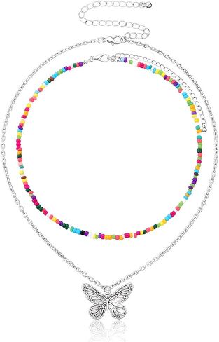2-3Pcs Bohemian Rainbow Butterfly Star Shell Beaded Choker Necklace for Women Teen Girl Layered Colorful Boho Stacking Pentagram Seeds Chain Necklace Retro Summer Beach Jewelry in Saudi Arabia