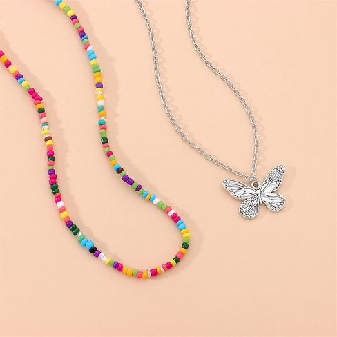 2-3Pcs Bohemian Rainbow Butterfly Star Shell Beaded Choker Necklace for Women Teen Girl Layered Colorful Boho Stacking Pentagram Seeds Chain Necklace Retro Summer Beach Jewelry in Saudi Arabia