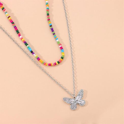 2-3Pcs Bohemian Rainbow Butterfly Star Shell Beaded Choker Necklace for Women Teen Girl Layered Colorful Boho Stacking Pentagram Seeds Chain Necklace Retro Summer Beach Jewelry in Saudi Arabia