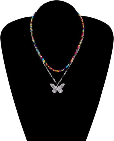 2-3Pcs Bohemian Rainbow Butterfly Star Shell Beaded Choker Necklace for Women Teen Girl Layered Colorful Boho Stacking Pentagram Seeds Chain Necklace Retro Summer Beach Jewelry in Saudi Arabia