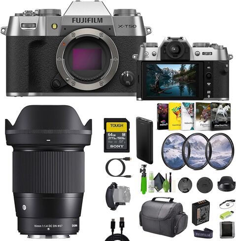 مجموعة كاميرا Fujifilm X-T50 الرقمية بدون مرآة مع عدسة سيجما 16 مم f/1.4 DC DN المعاصرة لفيلم Fuji-Film + بطاقة ذاكرة 64 جيجابايت + حقيبة كامارا + حامل ثلاثي القوائم لمدونات الفيديو + المزيد من الملحقات - فضي in Saudi Arabia