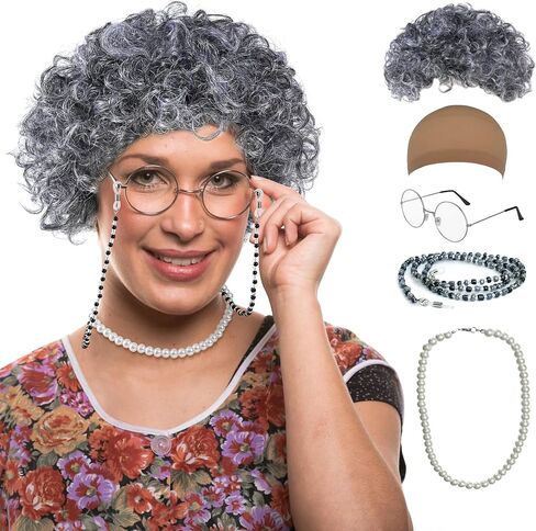 GenmeiFBH Gray Bun Grandma Wig,Old Lady Costume Set,Granny Costume Wig with Wig Cap,Glasses, Glasses Chain and Pearl Necklace, 5 Piece Set in Saudi Arabia