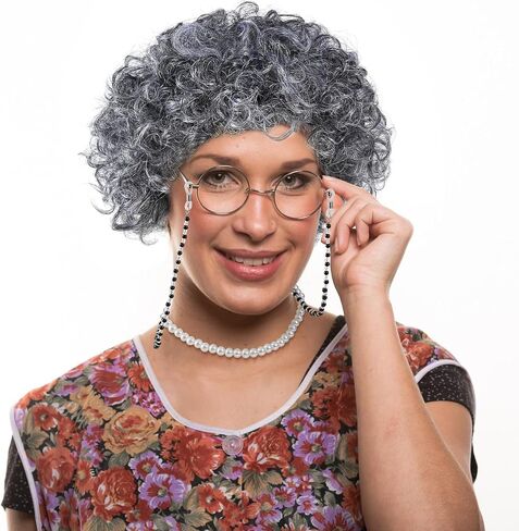GenmeiFBH Gray Bun Grandma Wig,Old Lady Costume Set,Granny Costume Wig with Wig Cap,Glasses, Glasses Chain and Pearl Necklace, 5 Piece Set in Saudi Arabia