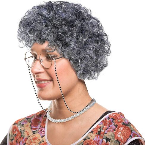 GenmeiFBH Gray Bun Grandma Wig,Old Lady Costume Set,Granny Costume Wig with Wig Cap,Glasses, Glasses Chain and Pearl Necklace, 5 Piece Set in Saudi Arabia