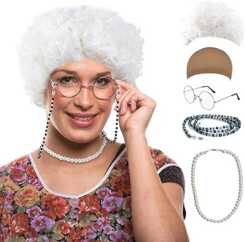 GenmeiFBH Gray Bun Grandma Wig,Old Lady Costume Set,Granny Costume Wig with Wig Cap,Glasses, Glasses Chain and Pearl Necklace, 5 Piece Set in Saudi Arabia