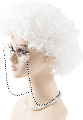 GenmeiFBH Gray Bun Grandma Wig,Old Lady Costume Set,Granny Costume Wig with Wig Cap,Glasses, Glasses Chain and Pearl Necklace, 5 Piece Set in Saudi Arabia