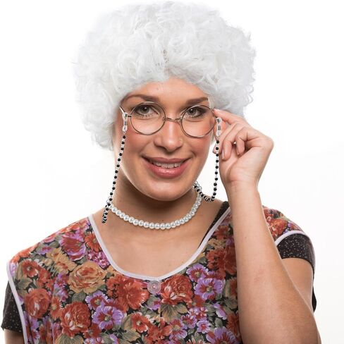 GenmeiFBH Gray Bun Grandma Wig,Old Lady Costume Set,Granny Costume Wig with Wig Cap,Glasses, Glasses Chain and Pearl Necklace, 5 Piece Set in Saudi Arabia