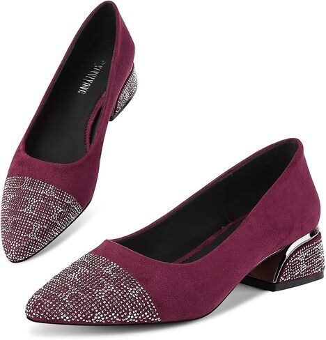 Women's Block Heel Pumps Round Toe Chunky Heels with Rhinestones Comfortable Work Shoes in Saudi Arabia
