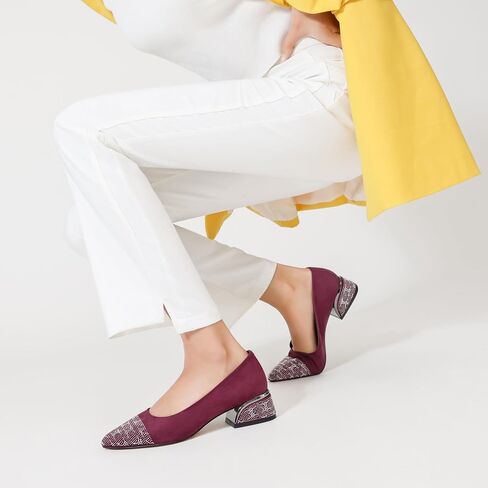 Women's Block Heel Pumps Round Toe Chunky Heels with Rhinestones Comfortable Work Shoes in Saudi Arabia