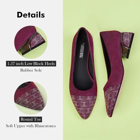 Women's Block Heel Pumps Round Toe Chunky Heels with Rhinestones Comfortable Work Shoes in Saudi Arabia
