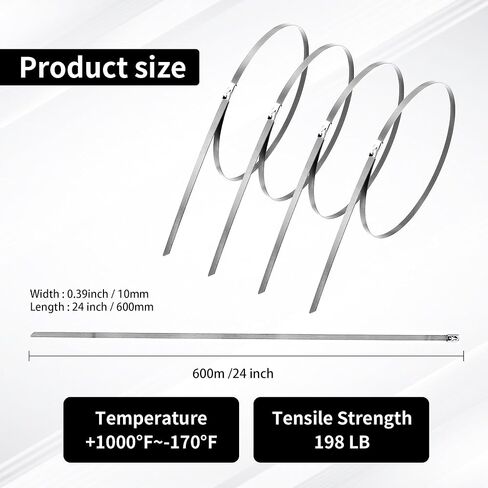 أربطة معدنية بسحاب مقاس 24 بوصة، أربطة كبل من الفولاذ المقاوم للصدأ 304 شديدة التحمل، أربطة معدنية ملفوفة للعادم، أربطة كبل معدنية بقوة شد 200 رطل (20 قطعة) in Kuwait