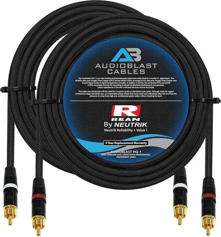 زوج كابل RCA بطول 50 قدم - جديلة Audioblast HQ-1 (أسود) مرنة - كابل توصيل صوتي عالي الوضوح (100%) وموصلات Neutrik-Rean NYS Gold RCA (كابلان، كل منهما بطول 50 قدمًا) in Kuwait