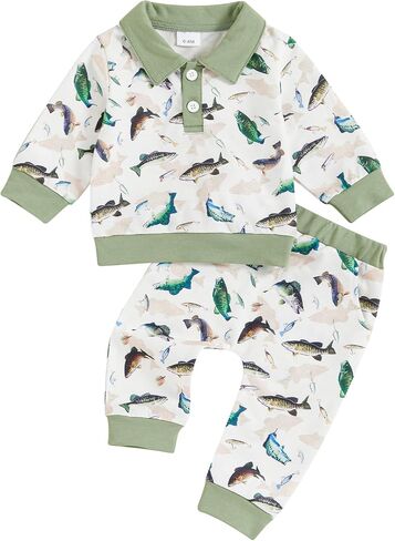 Toddler Boy Fall Clothes Fish/Golf/Dinosaur Print Long Sleeve Lapel Button Pullover Elastic Pants 2Pcs Outfits in Saudi Arabia