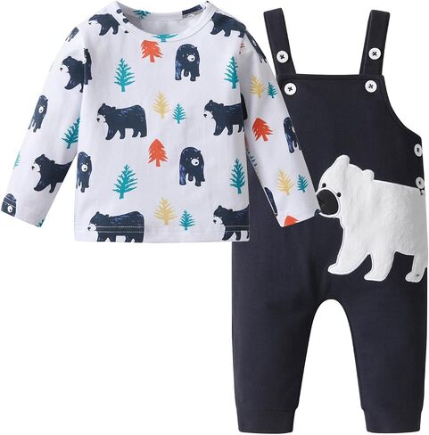 Kulcerry Infant Baby Boy Clothes Suits Long Sleeve Animal Print Tops Suspender Pants Outfit Sets in Saudi Arabia