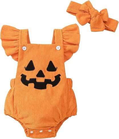 Noubeau My First Halloween Baby Girl Outfit Newborn Pumpkin Bubble Romper Bodysuit Corduroy Overalls Infant Ghost Clothes in Kuwait
