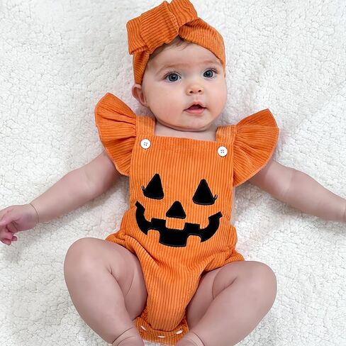 Noubeau My First Halloween Baby Girl Outfit Newborn Pumpkin Bubble Romper Bodysuit Corduroy Overalls Infant Ghost Clothes in Kuwait