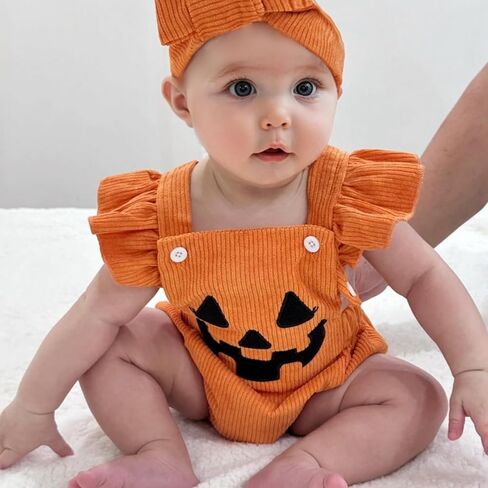 Noubeau My First Halloween Baby Girl Outfit Newborn Pumpkin Bubble Romper Bodysuit Corduroy Overalls Infant Ghost Clothes in Kuwait