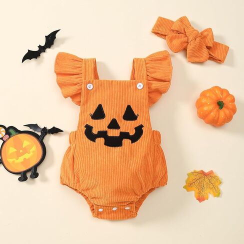 Noubeau My First Halloween Baby Girl Outfit Newborn Pumpkin Bubble Romper Bodysuit Corduroy Overalls Infant Ghost Clothes in Kuwait