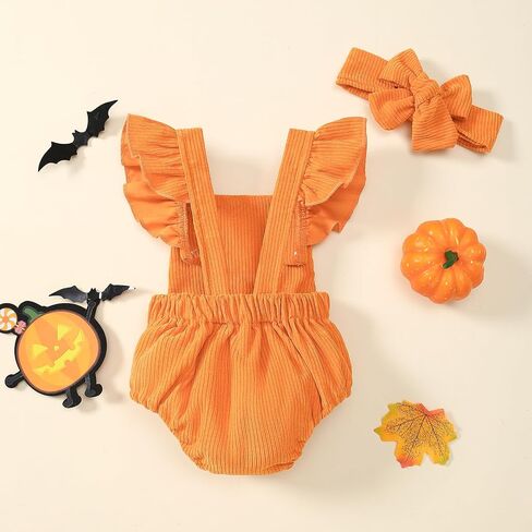 Noubeau My First Halloween Baby Girl Outfit Newborn Pumpkin Bubble Romper Bodysuit Corduroy Overalls Infant Ghost Clothes in Kuwait
