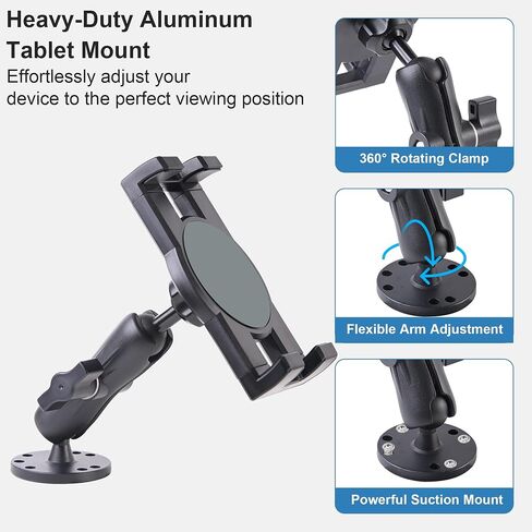 Industrial Tablet Mount for Truck&Vehicle, Heavy Duty Drill Base iPad Mount Holder for Car, Adjustable Aluminum Arm, Compatible w/ 4.7"-12.9" Devices, Perfect for Dashboard, Boats, Walls–Grey in Saudi Arabia