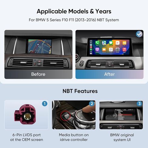 ستيريو سيارة 12.3 بوصة لسيارة BMW 5 Series F10 F11 (2013-2016) نظام NBT، CarPlay اللاسلكي Android Auto Bluetooth IPS شاشة تعمل باللمس 1920 * 720p ترقية راديو المصنع in Kuwait