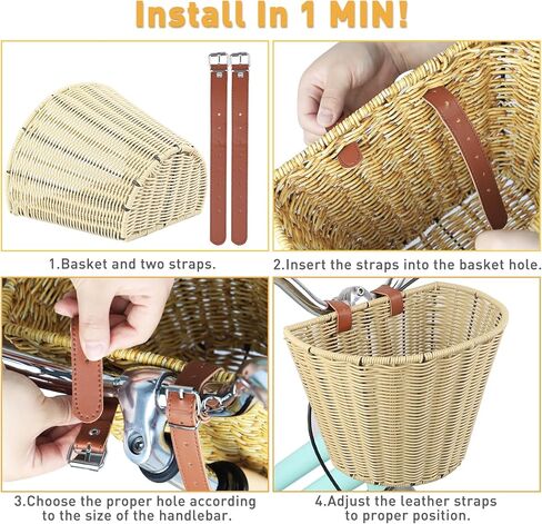 Wicker Bike Basket Front Cargo for Women and Men,Front Handlebar Bike Basket，Rattan Storage Basket Waterproof, Vintage Wicker, with Leather Straps,Fits Most Bikes,4 Colors in Saudi Arabia
