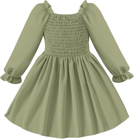 Toddler Girls Dresses Flounce Long Sleeve Toddler Dress Square Neck Baby Dresses for Girls Shirred Ruffle Hem Dress in Saudi Arabia