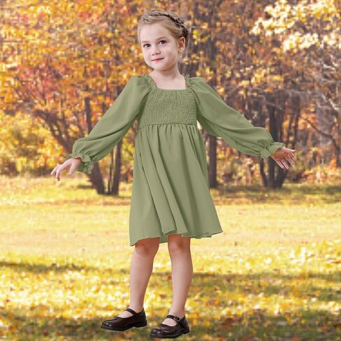 Toddler Girls Dresses Flounce Long Sleeve Toddler Dress Square Neck Baby Dresses for Girls Shirred Ruffle Hem Dress in Saudi Arabia