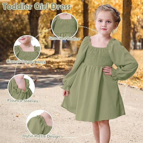 Toddler Girls Dresses Flounce Long Sleeve Toddler Dress Square Neck Baby Dresses for Girls Shirred Ruffle Hem Dress in Saudi Arabia
