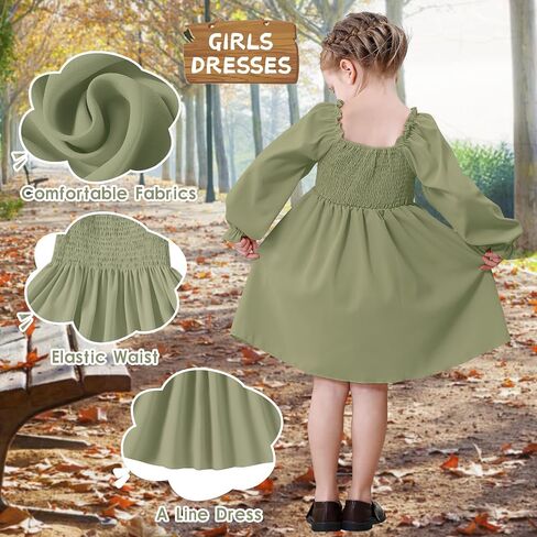 Toddler Girls Dresses Flounce Long Sleeve Toddler Dress Square Neck Baby Dresses for Girls Shirred Ruffle Hem Dress in Saudi Arabia