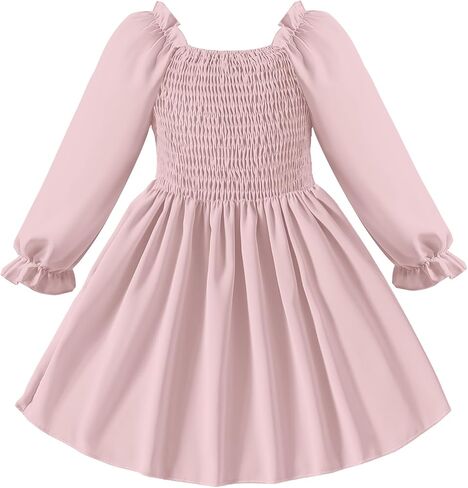 Toddler Girls Dresses Flounce Long Sleeve Toddler Dress Square Neck Baby Dresses for Girls Shirred Ruffle Hem Dress in Saudi Arabia