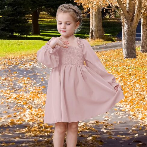 Toddler Girls Dresses Flounce Long Sleeve Toddler Dress Square Neck Baby Dresses for Girls Shirred Ruffle Hem Dress in Saudi Arabia