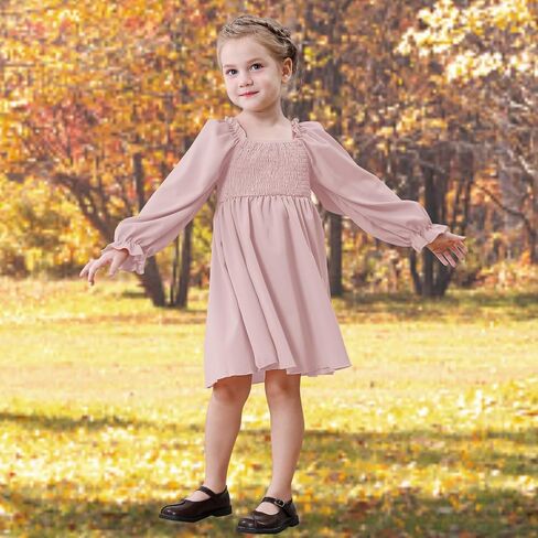 Toddler Girls Dresses Flounce Long Sleeve Toddler Dress Square Neck Baby Dresses for Girls Shirred Ruffle Hem Dress in Saudi Arabia